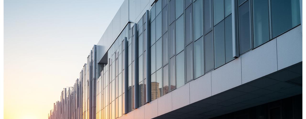 Modern architectural building exterior with clean lines and reflective glass, taken during sunset