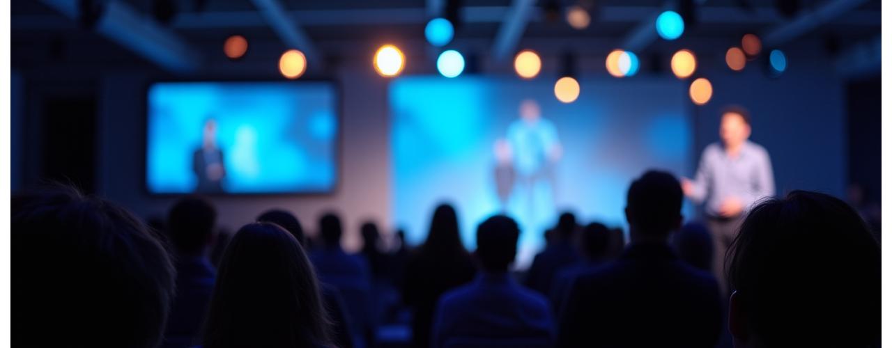 Energetic wide shot of a corporate conference keynote speaker on stage, with audience in foreground