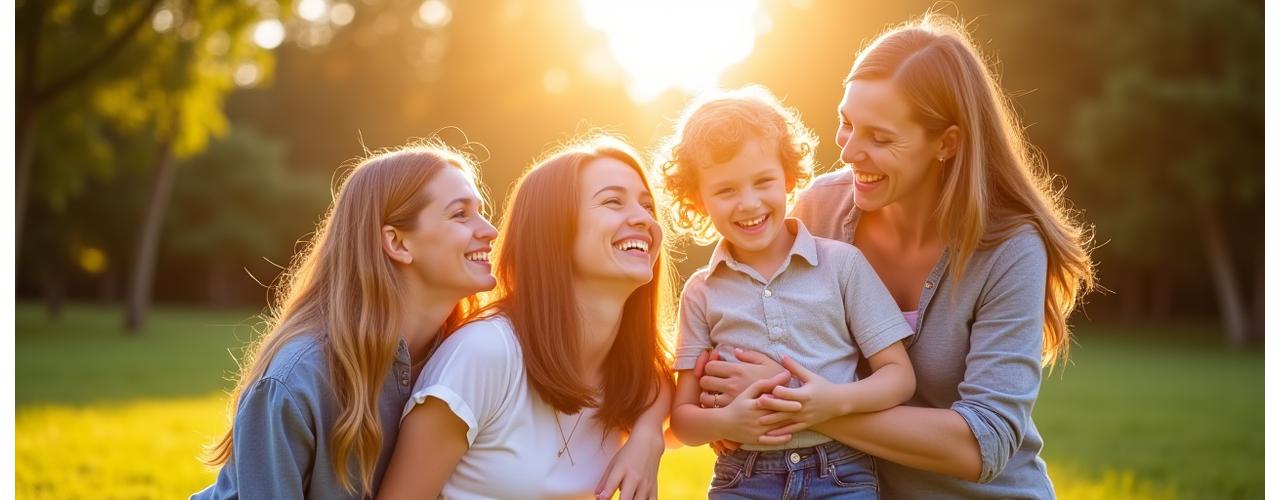 Happy family laughing in a sun-drenched outdoor park, candid and warm photography style