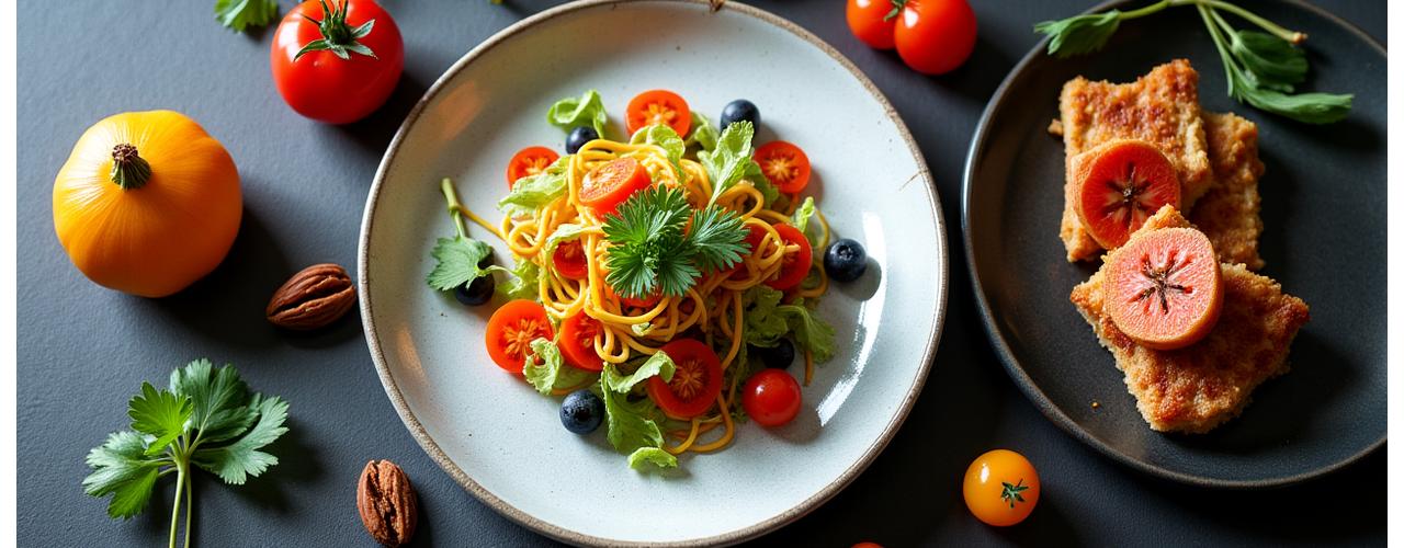 Gourmet dish presentation with vibrant colors, shot from above in a restaurant setting