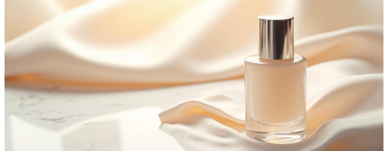 Close-up of a luxury skincare product bottle with soft studio lighting and elegant background elements