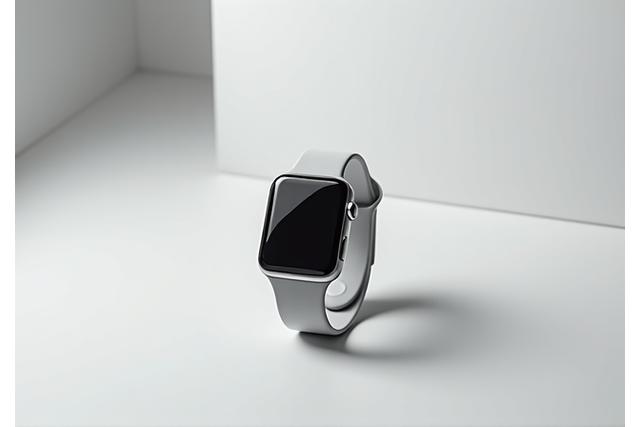 Commercial product photography setup with professional lighting and a watch on a minimalist backdrop