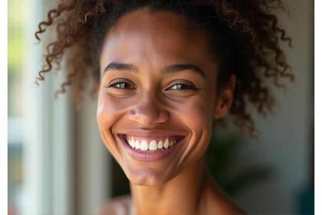 Close-up portrait of a smiling woman by a window, showcasing soft natural light
