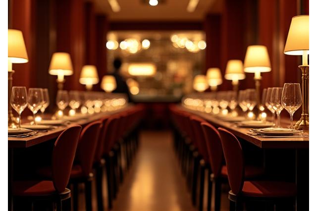 A beautifully styled restaurant interior with warm lighting.