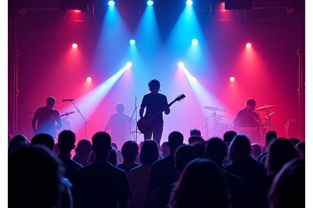 Dynamic shot of a live music concert with stage lights.