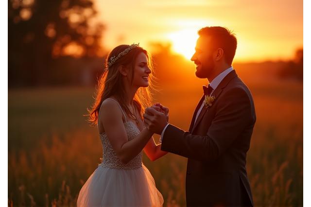 Joyful wedding couple dancing at sunset.