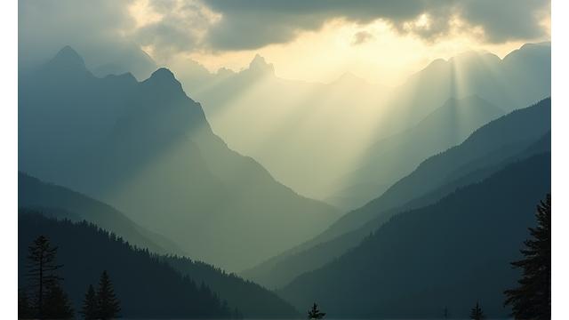 Dramatic landscape photography of a misty mountain range.