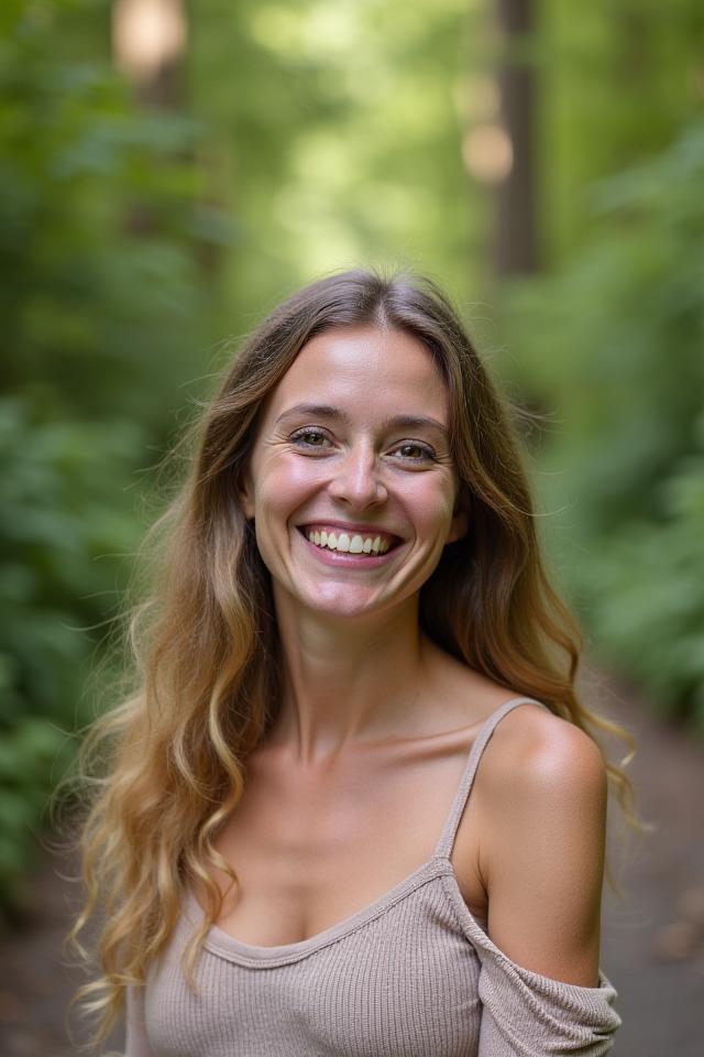 Candid portrait of a smiling woman in a park.