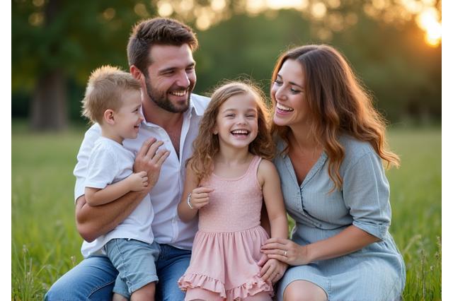 Happy family laughing together in a outdoor setting.