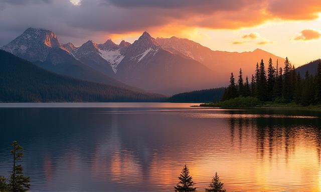 A wide landscape photograph of mountains and a lake at sunset, showcasing nature photography.