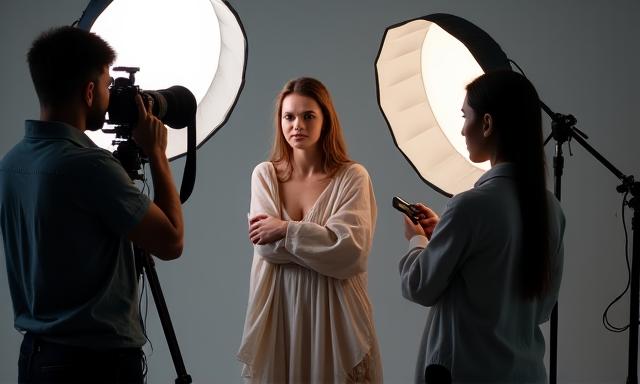 Studio setup with a model and professional lighting equipment for portrait photography.